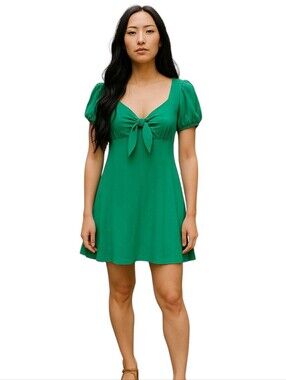 BCBG Front Bow Mini Women M Green Ruffle Hem Puff Sleeve Lined Milkmaid Peasant